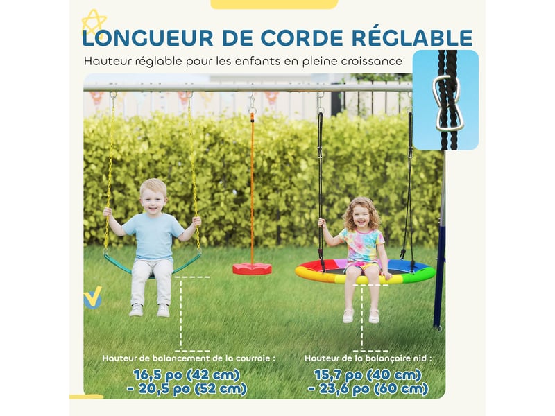  Balançoire portique enfants 5 en 1 avec toboggan, 3 balançoire, face à face, hauteur réglable, 3-8 ans, multicolore  - Conforama R
