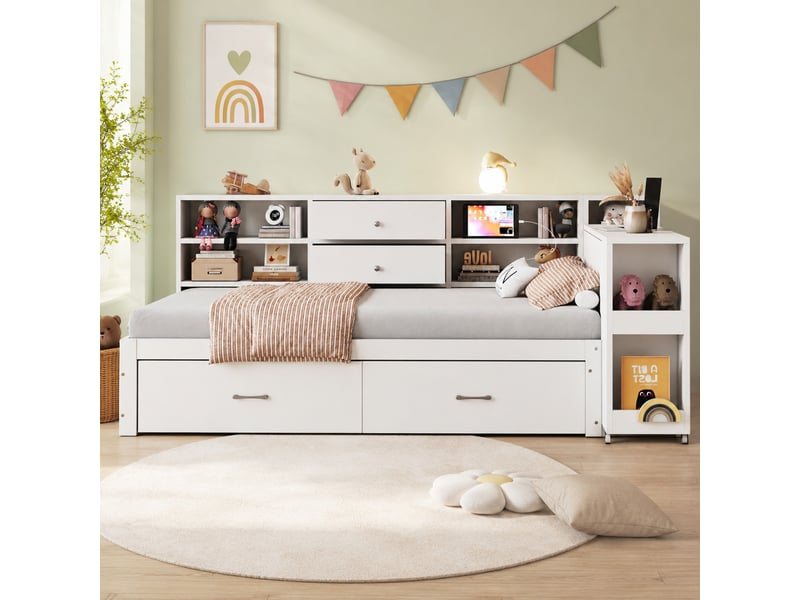  Lit une personne 90 x 200 cm avec rangements, bureau coulissant et prises usb, blanc  - Conforama B