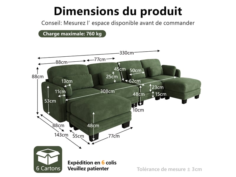  Canapé d'angle modulable 4 places 330x143x88 cm en chenille verte  - Conforama C