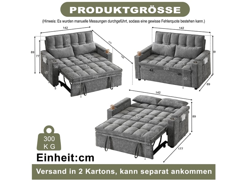 Canapé-lit 3-en-1 142x89x89 cm en chenille avec rangements et porte-gobelets gris chicfurn - Conforama D