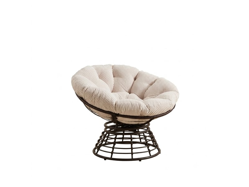  Fauteuil papasan pivotant à 360° en résine tressée - 92x92x67cm - coussin épais velours côtelé confortable - marron et blanc  - Conforama A