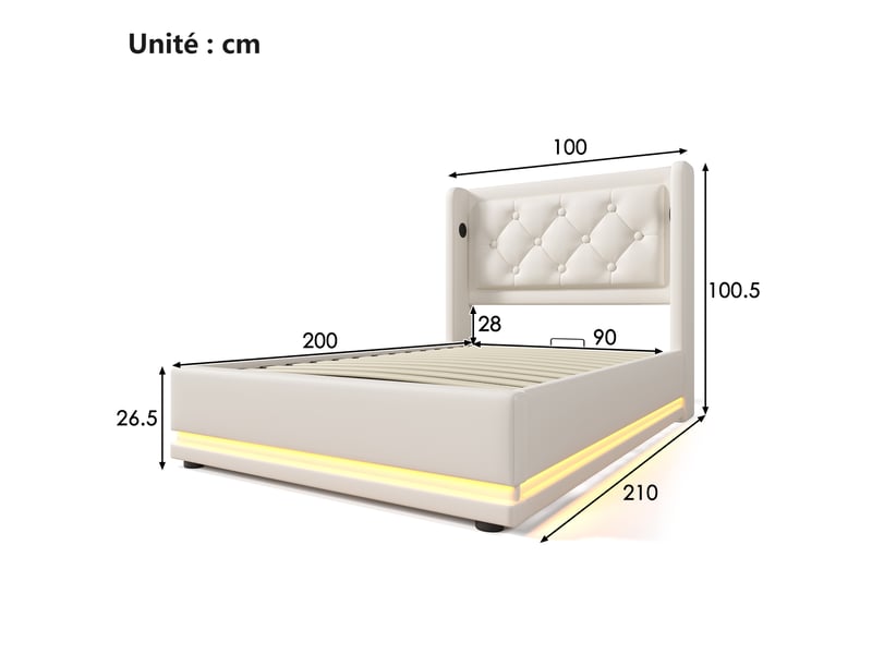  Lit coffre hydraulique 90x200 - lit simple avec fonction de chargement usb type-c et led - pu - sans matelas - blanc  - Conforama C