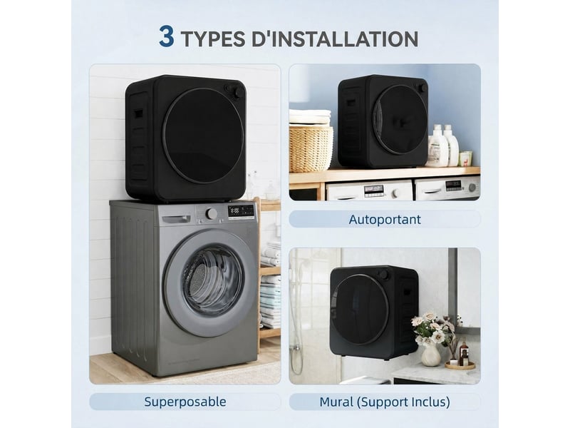 Sèche linge à évacuation compact 2,5kg, sèche-linge électrique 400800 w, charge frontale, 5 modes de séchage, noir - Conforama E