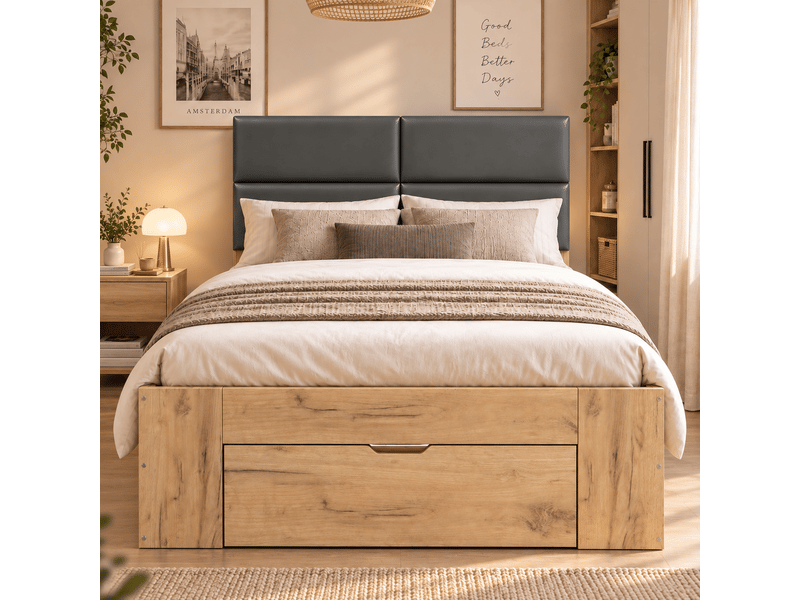 Lit simple enfant 90 x 200 cm avec usb, tiroirs et grand rangement, tête de lit rembourrée en pu, sans matelas, mdf, naturel OMNIGLINT TRADING LTD - Conforama C