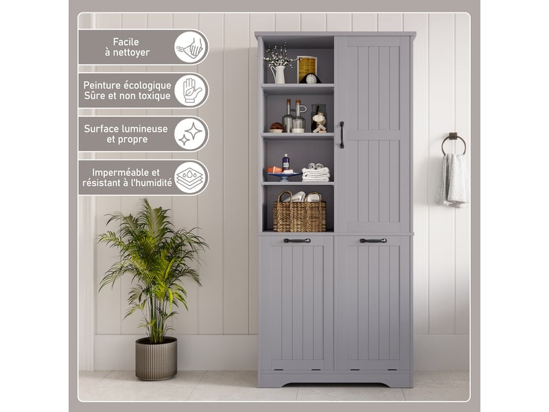 Armoire de salle de bain 78 x 35 x 172,7 cm,gris,panneau mdf laqué,double panier à linge,étagères réglables - Conforama E