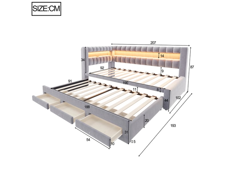  Lit gigogne 90x190 cm, lit jeune avec rangement, led et usb en mdf couleur gris clair sans matelas, moderne  - Conforama C