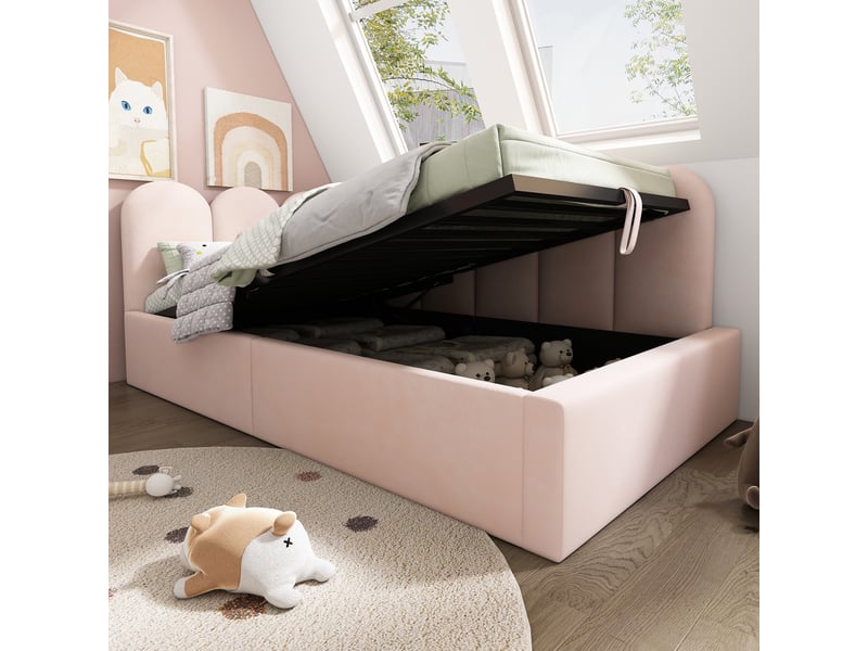  Lit coffre 90x190 cm en velours rose avec sommier relevable à vérins  - Conforama E