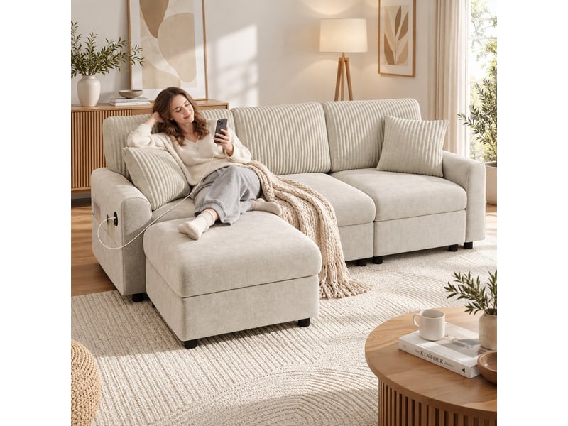  Canapé beige en chenille et velours côtelé avec pouf mobile, 2 coussins, port usb et usb-c, 223 cm  - Conforama B