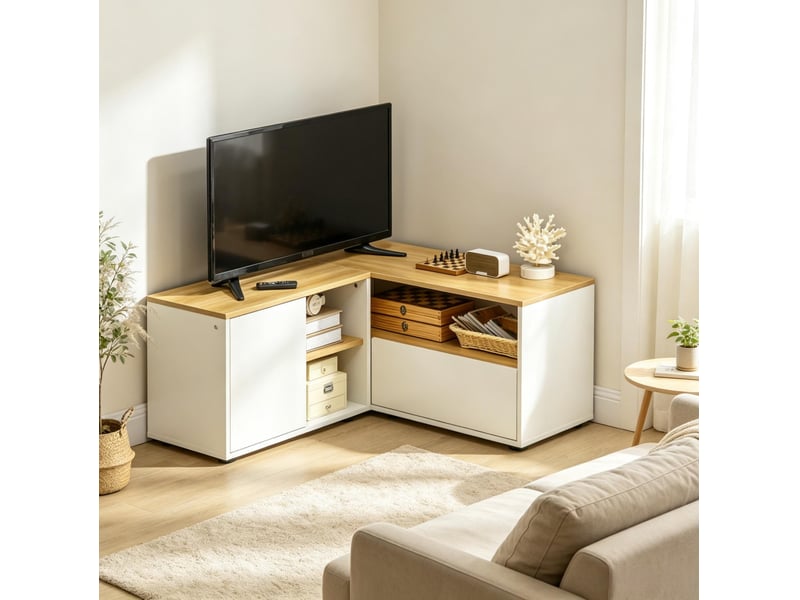  Meuble tv d’angle en l 90x90x45 cm, 2 portes et 3 niches, blanc et bois clair  - Conforama C