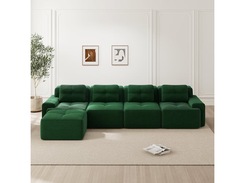  Canapé d'angle, canapé modulable – sans montage, sans cadre, base antidérapante, style cloud, vert, 4 places, avec méridienne, en velours tricoté  - Conforama R