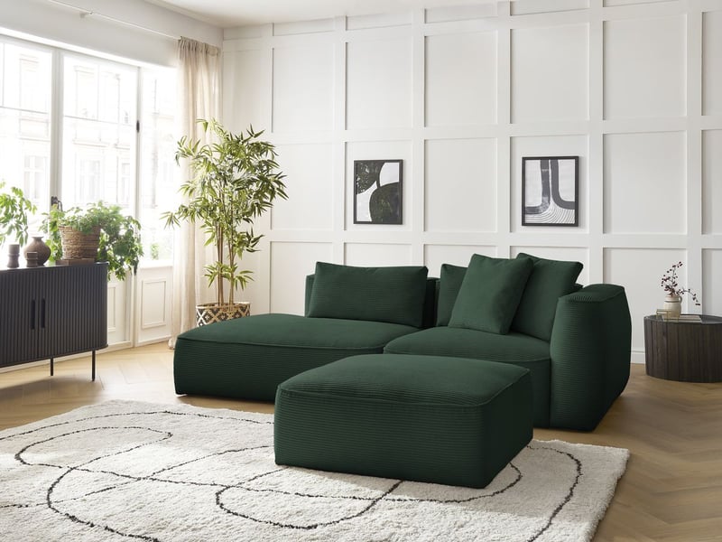  Bobochic canapé droit fixe 3 places leopold velours côtelé avec pouf vert foncé  accoudoir droit LEOPOLD - Conforama D