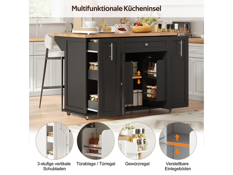  Îlot de cuisine sur roulettes avec plateau rabattable noir et naturel 120 cm  - Conforama E