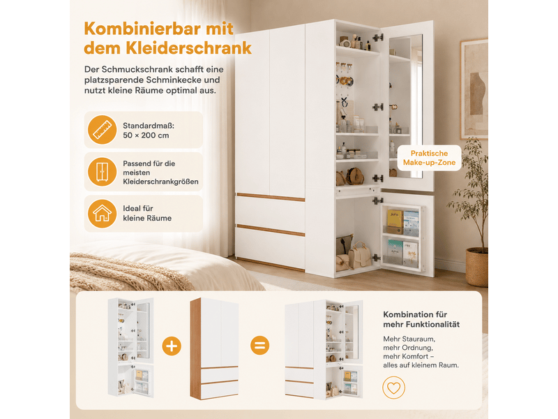  Armoire coiffeuse 120 x 50 x 200 cm avec miroir, penderie, 2 tiroirs et grand rangement combiné pour chambre et dressing, coloris blanc ABC - Conforama D