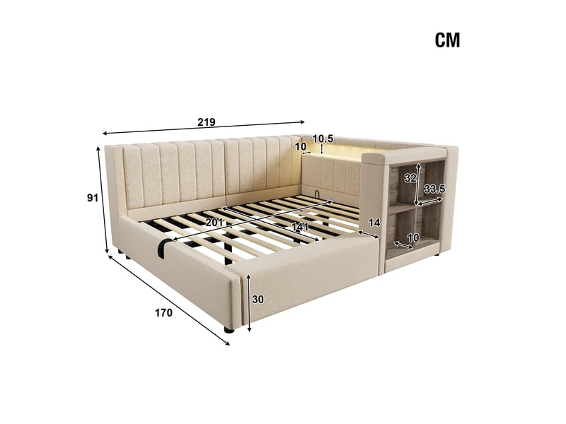 Lit banquette coffre 140x200 cm, banquette-lit, ouverture hydraulique, éclairage led, ports usb et type-c, sommier à lattes, lin beige CozyNest - Conforama C