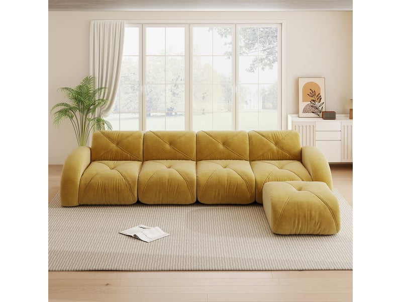  Canapé modulable 4 places 358x171x76 cm, sans montage, assise moelleuse, avec pouf, revêtement en chenille, jaune  - Conforama B