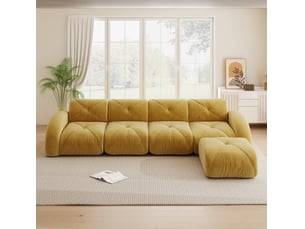 Canapé modulable 4 places 358x171x76 cm, sans montage, assise moelleuse, avec pouf, revêtement en chenille, jaune