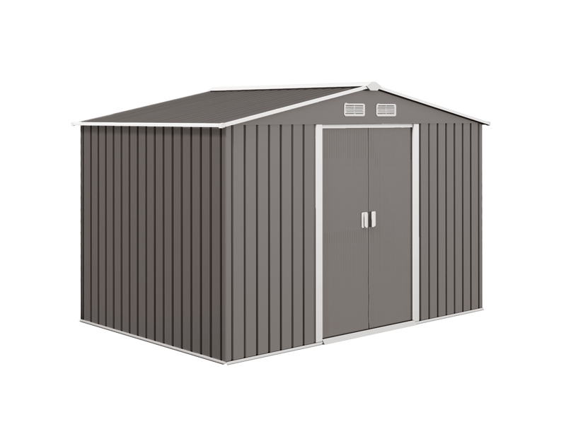 Abri de jardin 277 x 195 x 196 cm en acier avec fondation et portes coulissantes, gris - Conforama A