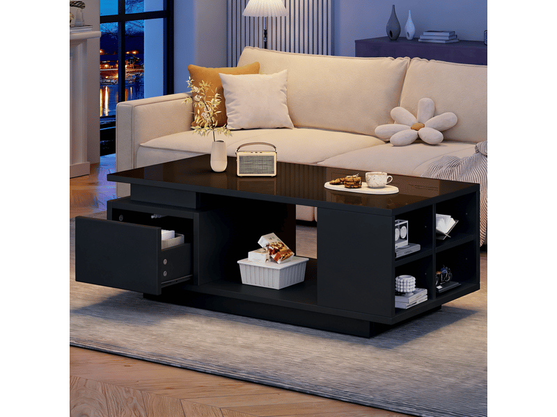  Table basse noire avec led 100x50 cm - table de salon avec tiroir et rangements finition brillante  - Conforama R