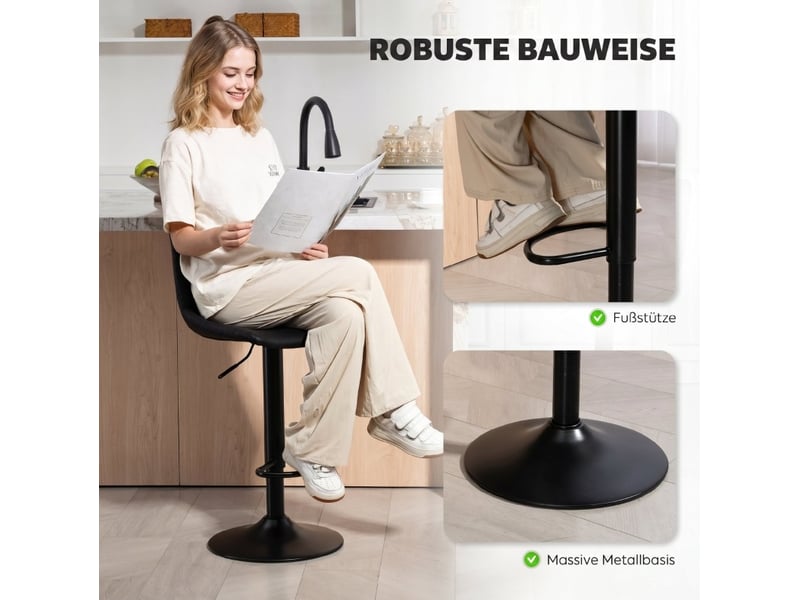  Lot de 2 tabourets de bar rétro avec dossier haut, réglables en hauteur et repose-pieds, en microfibre noir  - Conforama E