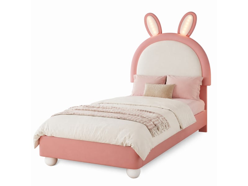  Lit enfant rembourré, lit simple avec tête de lit lapin, led et bords moussés, 90x200 cm, sans matelas, rose et blanc  - Conforama A