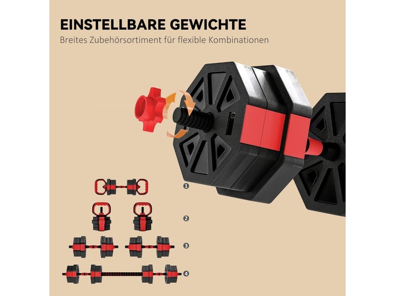  Set d'haltères 4 en 1, haltères réglables 20 kg pour musculation à domicile, rouge  - Conforama E