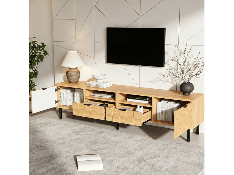  Meuble tv modenvie 200 x 35 x 44,5 cm 2 portes 2 tiroirs effet bois naturel  - Conforama D