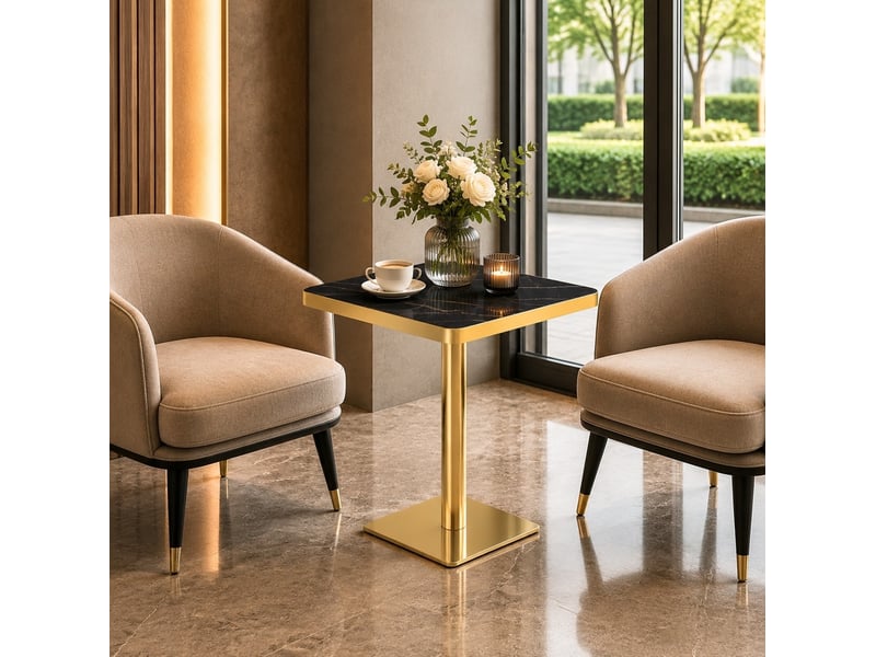 Table de salle à manger carrée pour 2 à 4 personnes avec pied central, effet marbre noir et métal, 60 × 60 × 74 cm - Conforama D