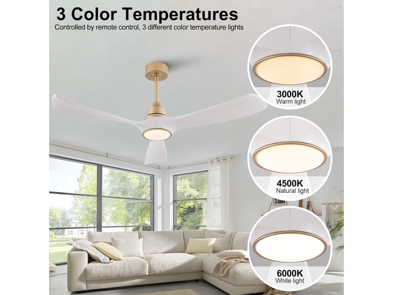  Ventilateur de plafond avec éclairage et télécommande 3 pales blanc et or d132 cm  - Conforama D