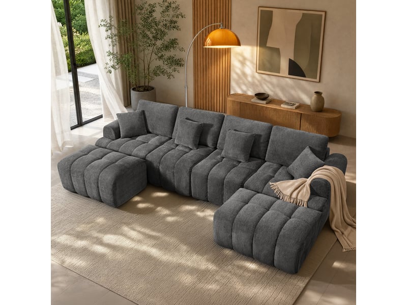  Ensemble canapé d'angle modulable et pouf, convertible en tissu chenille pour salon, gris  - Conforama B