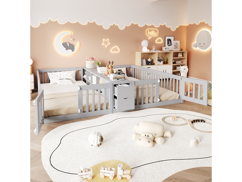  Lit enfant 2 lits 90x200 cm - avec rangement, étagères et tiroirs - barrières de sécurité - bois - gris  - Conforama B