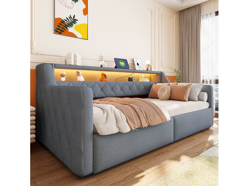 Lit de jour 90x200 cm, mdf, gris, équipé de ports usb et usb-c, de rangement hydraulique et de bande led, sans matelas - Conforama E