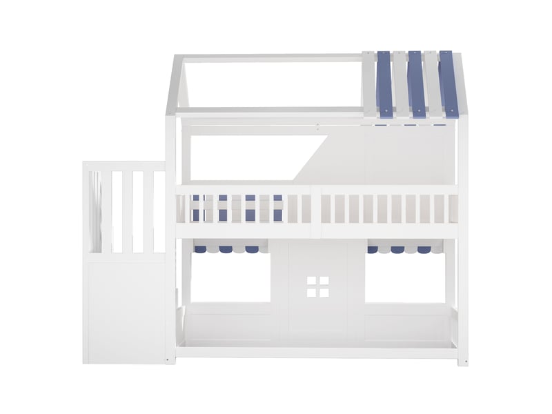 Elvmi lit superposée enfant 90x200 cm en bois, style maison avec toit, fenêtres, porte ouvrante, échelle de rangement, led multicolores, étagères, blanc et bleu - Conforama A