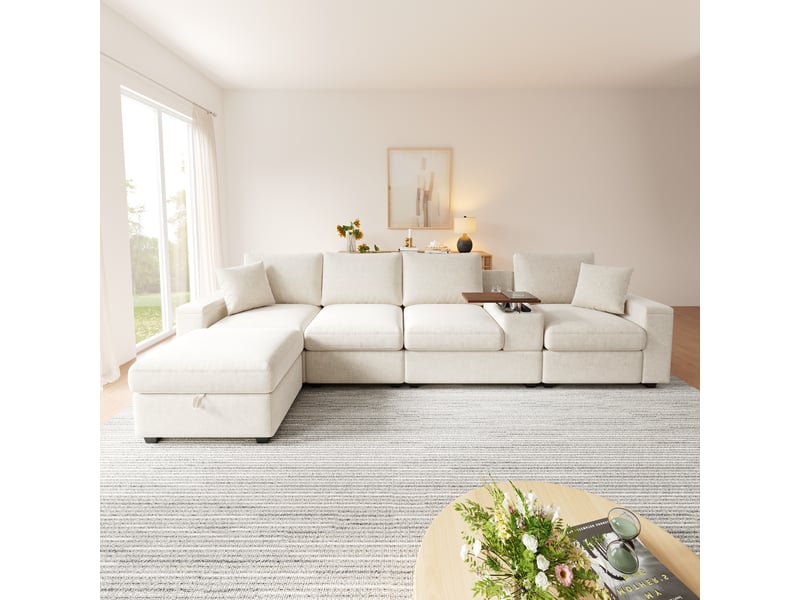  Canapé d'angle modulable 313x147x82 cm avec pouf coffre, rangements intégrés, usbtype-c, porte-gobelets, table pivotante 360° - beige Bliss Lite - Conforama B