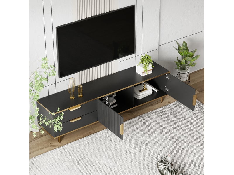  Meuble tv modenvie noir et doré 170 x 37 x 45 cm 2 tiroirs 2 portes mdf panneaux de particules  - Conforama D