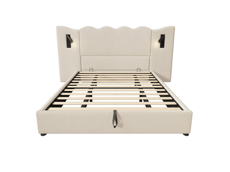  Lit double rembourré 180x200 cm avec table de nuit et lampe et usb-c, lit coffre avec sommier bois massif, velours, beige-blanc  - Conforama D