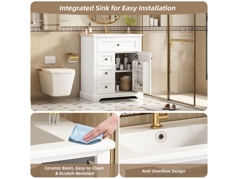  Meuble vasque salle de bain 76x46x87 cm – blanc – rangement réglable et vasque céramique intégrée  - Conforama E