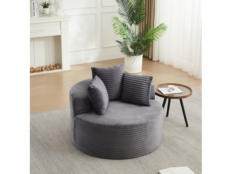  Fauteuil 1 place rond avec 3 coussins et accoudoirs larges, en velours côtelé gris 110 × 110 × 82 cm  - Conforama C