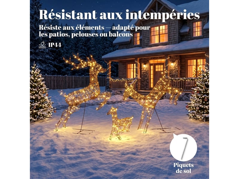  Lot de 3 rennes leds de noël 200 leds blanc chaud 8 modes timer  - Conforama E