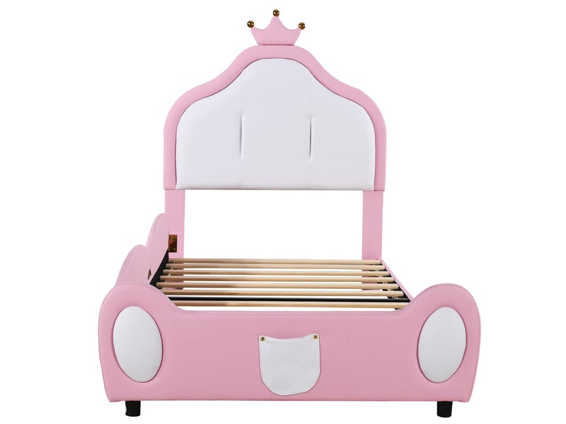  Lit enfant 90x200 capitonné princesse rose - tête de lit couronne simili cuir  - Conforama W