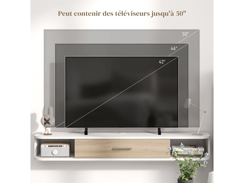  Meuble tv mural banc tv jusqu'à 50 pouces avec armoire à porte rabattable blanc et compartiments ouverts  - Conforama R