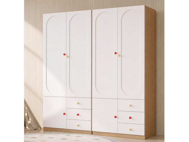  Lot de 2 armoires 2 portes avec tiroirs et tringle à vêtements, mdf blanc laqué, poignées en céramique  - Conforama C