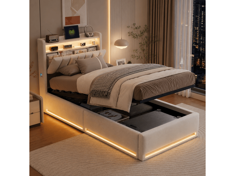  Lit coffre 90x200 cm avec éclairage led et usb, lits simple avec espace de rangement hydraulique et tete de lit, sommier à lattes, velours, beige  - Conforama E
