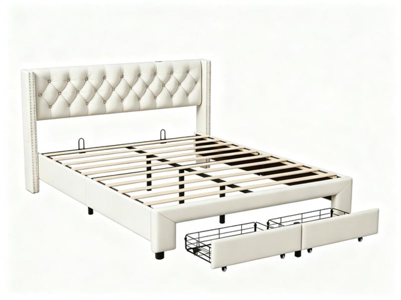  Lit coffre 140x190 cm ezssw, coloris beige  - Conforama A