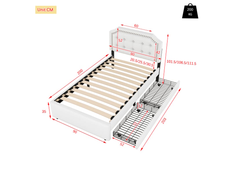 Lit 1 place 90x200cm, lit enfant, lit adulte avec 2 tiroirs de rangement et sommier, lin beige clair, sans matelas - Conforama D
