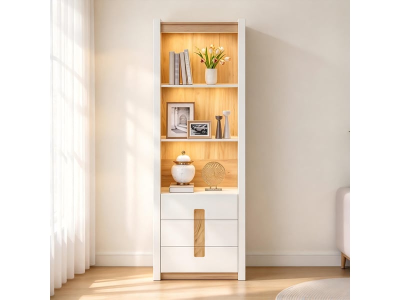 Bibliothèque blanche 55x40x200 cm à vérifier, panneaux de particules, 3 tiroirs, 3 niches réglables et éclairage led - Conforama B