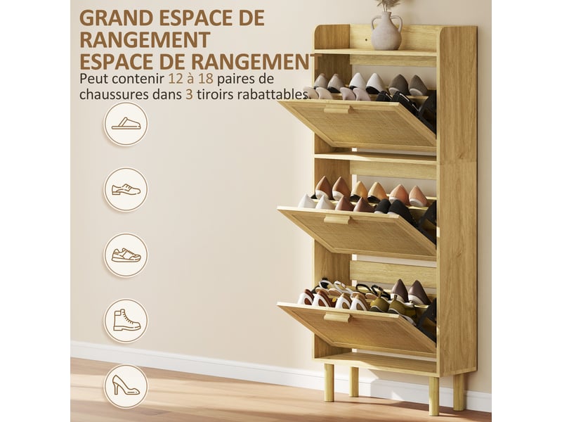  Meuble à chaussures style bohème chic - 3 portes abattantes, étagère - cannage rotin aspect bois clair  - Conforama E