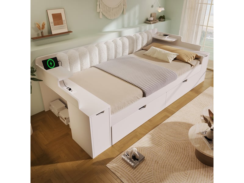  Lit banquette 90x200 cm avec lit gigogne 90x190 cm, rangement modulable, ports usb et type-c, dossier en tissu sherpa - bois-blanc  - Conforama D