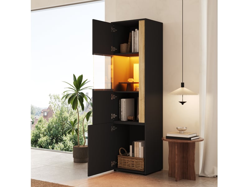  Vitrine haute 50x40x179 cm – noir et naturel – led réglable, 2 portes dont une en acrylique pour salon  - Conforama E