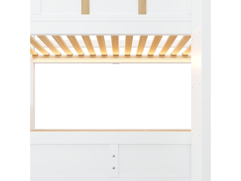  Lit superposé avec lit inférieur hydraulique, lit mezzanine en bois massif, lit enfant, 90 x 200 + 90 x 200 cm, lit en bois, lit cabane, avec éclairage led et escalier de rangement, rangement en forme de château, blanc et nature…  - Conforama D