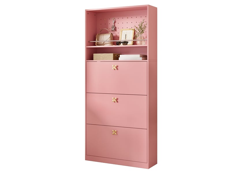 Meuble à chaussures rose 80 × 24 × 178,5 cm, panneau de particules, 3 abattants, crochets intégrés, rangements ouverts - Conforama A